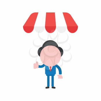 Vector cartoon illustration concept of faceless businessman mascot character gesturing thumbs up under red and white shop awning symbol icon.