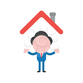 Vector cartoon illustration concept of faceless businessman mascot character under red house roof symbol icon.
