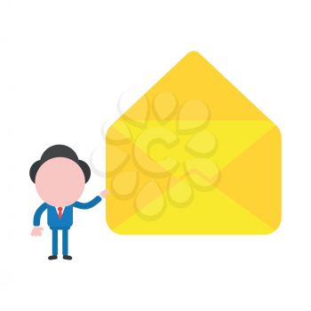 Vector cartoon illustration concept of faceless businessman mascot character holding yellow open envelope symbol icon.