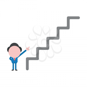 Vector cartoon illustration concept of faceless businessman mascot character showing top of grey stairs symbol icon.