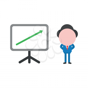 Vector cartoon illustration concept of faceless businessman mascot character with presentation chart board symbol icon and green arrow moving up.