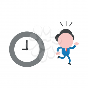 Vector cartoon illustration concept of faceless businessman mascot character running away from grey and white clock symbol icon.