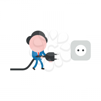 Vector cartoon illustration concept of faceless businessman mascot character walking and carrying electrical plug with cable to outlet symbol icon.