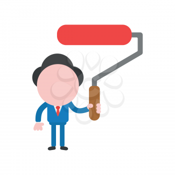 Vector cartoon illustration concept of faceless businessman mascot character holding red paint roller brush symbol icon.