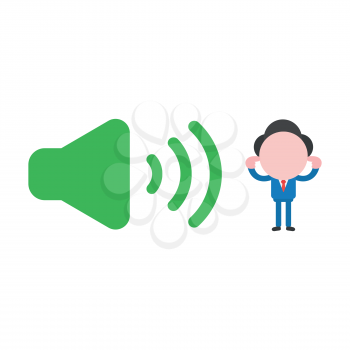 Vector cartoon illustration concept of faceless businessman mascot character with loud voice green speaker sound symbol icon and closed ears with fingers.