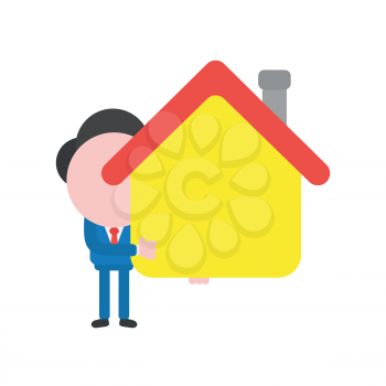 Vector cartoon illustration concept of faceless businessman mascot character holding yellow house symbol icon.