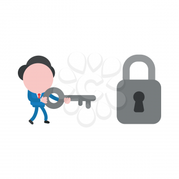 Vector cartoon illustration concept of faceless businessman mascot character walking and carrying grey key symbol icon to closed padlock for unlock.