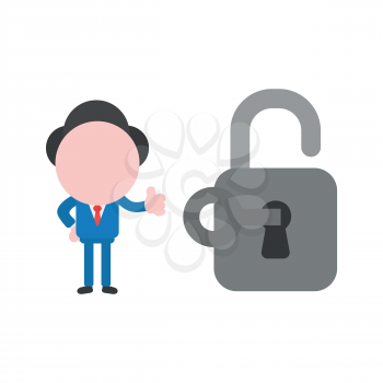 Vector cartoon illustration concept of faceless businessman mascot character unlock padlock symbol icon with key and gesturing thumbs up.