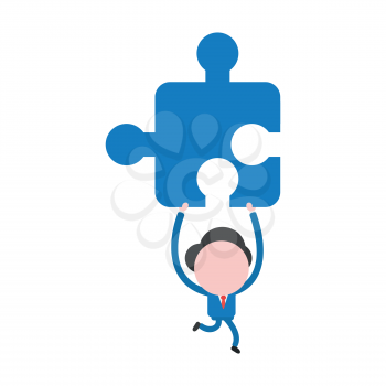 Vector cartoon illustration concept of faceless businessman mascot character running, holding up and carrying blue jigsaw puzzle piece symbol icon.
