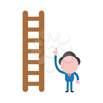 Vector cartoon illustration concept of faceless businessman mascot character with brown wooden ladder symbol icon and pointing up.