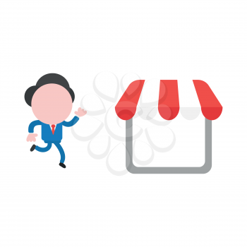 Vector cartoon illustration concept of faceless businessman mascot character running to shop, store symbol icon with red and white awning.
