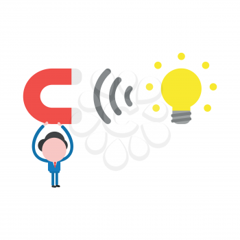 Vector illustration of businessman character holding up magnet attracting glowing yellow light bulb idea icon.