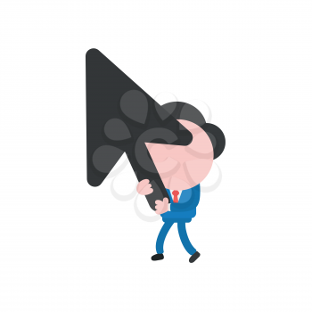 Vector illustration of businessman character walking and holding black computer mouse cursor arrow icon.