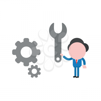 Vector illustration of businessman character with gears and holding spanner icon to repair.