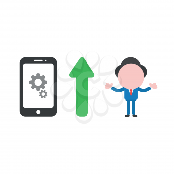 Vector illustration of businessman character with gears inside smartphone icon and green arrow pointing up meaning improve performance.