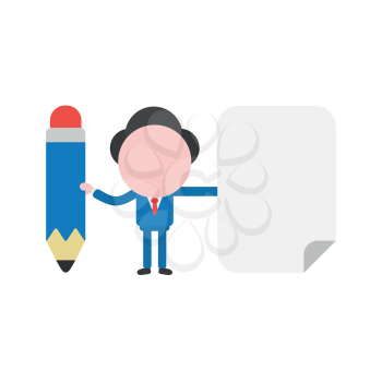 Vector illustration of businessman character holding blue pencil and blank paper icon.