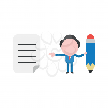Vector illustration of businessman character holding blue pencil icon and pointing written paper.