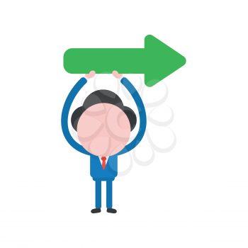 Vector illustration of businessman character holding up green arrow icon pointing right.