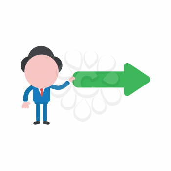 Vector illustration of businessman character holding green arrow icon pointing right.