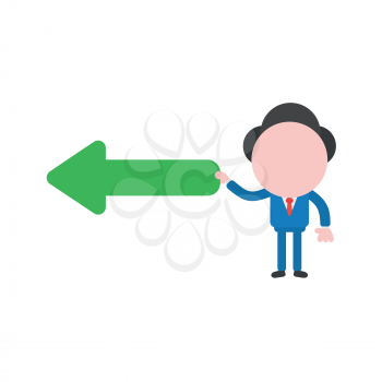 Vector illustration of businessman character holding green arrow icon pointing left.