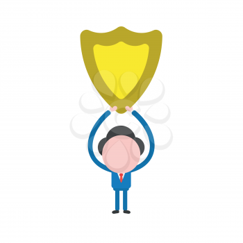 Vector illustration of businessman character holding up yellow shield guard icon.
