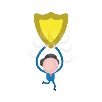 Vector illustration of businessman character running and holding up yellow shield guard icon.