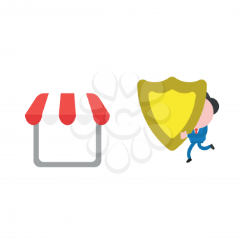 Vector illustration of businessman character running and carrying yellow shield guard to shop store icon.