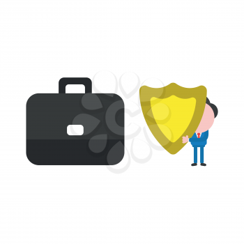 Vector illustration of businessman character holding yellow shield guard icon with black briefcase.