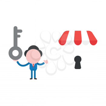 Vector illustration of businessman character holding grey key and showing shop store icon with keyhole.