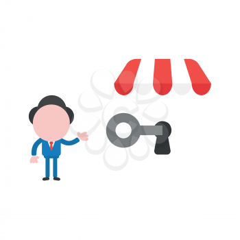 Vector illustration of businessman character showing unlock shop store icon with key.