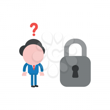 Vector illustration of businessman character confused with question mark and looking to grey closed padlock icon.