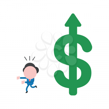 Vector illustration of businessman character running away from big green dollar symbol with arrow moving up.