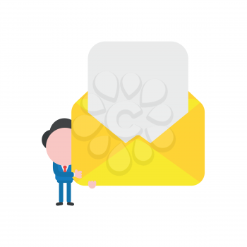 Vector illustration of businessman character holding yellow open envelope icon with blank paper.