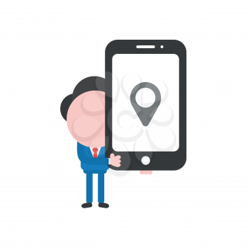 Vector illustration of businessman character holding black smartphone with grey map pointer icon.