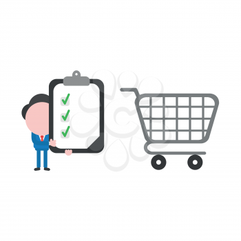 Vector illustration of businessman character with grey shopping cart and holding clipboard with paper and three green check mark symbols.