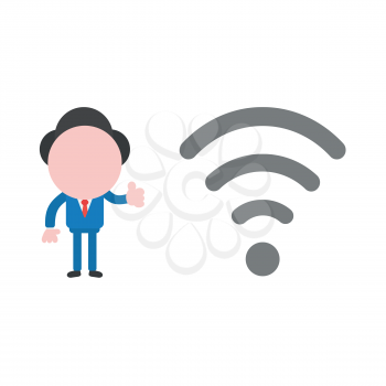 Vector illustration of businessman character giving thumbs up with grey wifi wireless symbol.