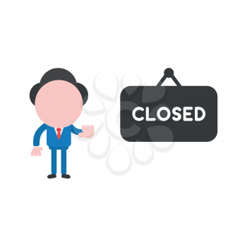 Vector illustration of businessman character with closed word inside black hanging sign icon.