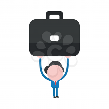 Vector illustration of businessman character holding, lifting up black briefcase icon.
