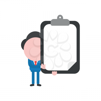 Vector illustration of businessman character holding black clipboard with blank paper icon.