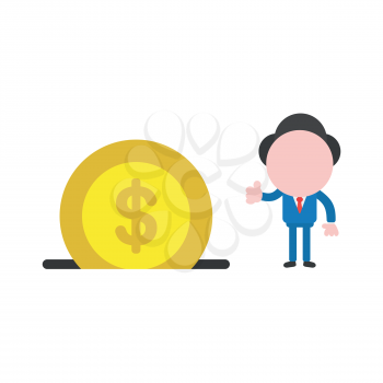 Vector illustration of businessman character giving thumbs up with yellow dollar coin money icon into moneybox hole.
