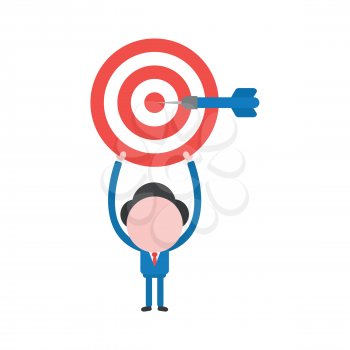 Vector illustration of businessman character holding up red and white bulls eye icon and blue dart in the center.