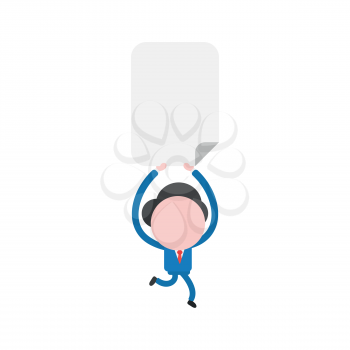 Vector illustration concept of businessman character running and holding up blank paper icon.