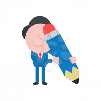 Vector illustration concept of businessman character holding blue pencil icon.