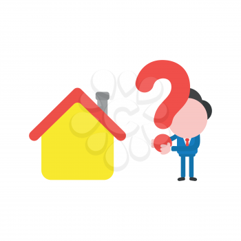 Vector illustration concept of businessman character with house and holding red question mark icon.