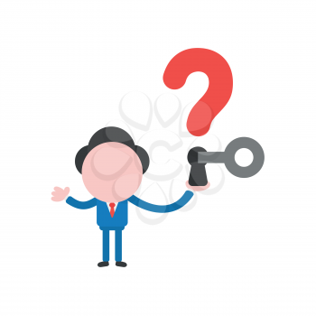 Vector illustration concept of businessman character holding red question mark with keyhole and key unlock.