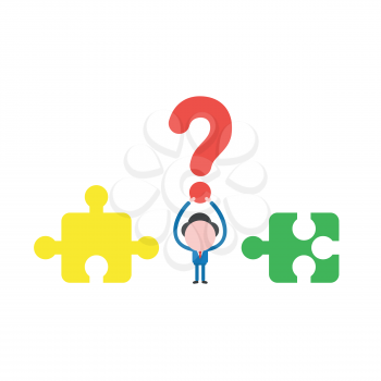 Vector illustration concept of businessman character with incompatible jigsaw puzzle pieces and holding up red question mark icon.