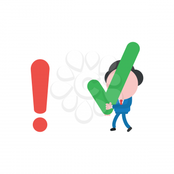 Vector illustration concept of businessman character walking and carrying green check mark icon to red exclamation mark.