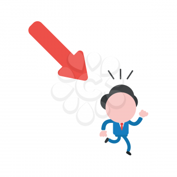 Vector illustration concept of businessman character running away from red arrow moving down.