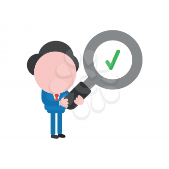 Vector illustration concept of businessman character holding magnifying glass with green check mark icon.