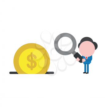 Vector illustration concept of businessman character holding magnifying glass icon with dollar money coin inside moneybox hole.